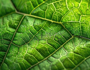 Extreme close-up of vibrant green leaf macro structure revealing intricate vein patterns.