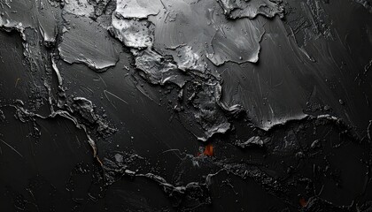 An abstract close-up of thickly applied, textured black and dark gray impasto oil paint.