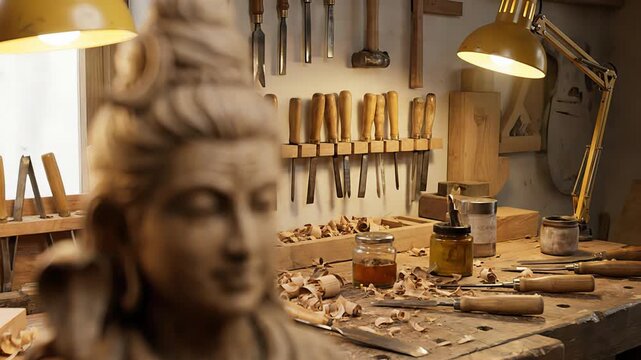 Warm golden light illuminates a busy artisan workshop workbench filled with carving tools, framed by a blurred wooden sculpture.