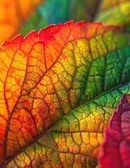 Vibrant macro shot of a changing autumn leaf showcasing intense coloration and intricate vein structure.