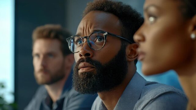 A professional setting with three men looking towards each other, possibly discussing important matters. One man is wearing glasses and appears to be listening intently.