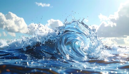 A dramatic, sunlit ocean wave cresting and crashing under a bright blue sky with scattered clouds.
