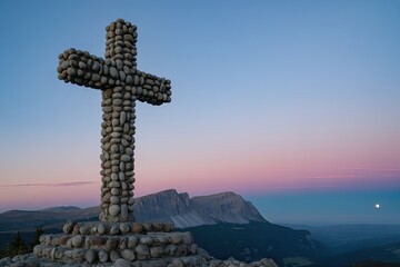 Stone Cross on Mountain Peak at Sunset