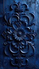 Intricate deep blue floral baroque relief carving background texture.