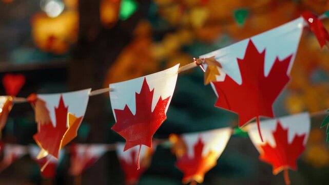 String of maple leaf bunting flags for festive decoration.
