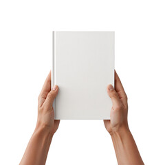 Obraz premium Hands Holding Blank White Book Isolated on White Background