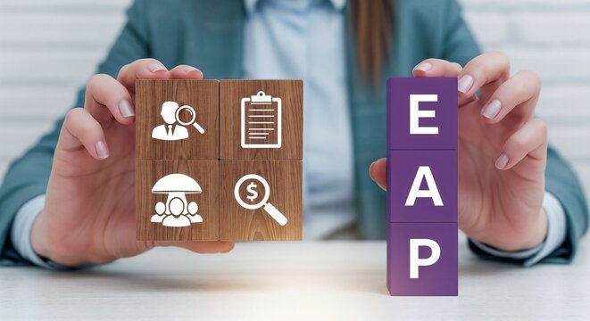 Businesswoman holding wooden blocks with eap and icons for employee assistance programs
