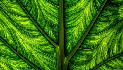 A high-contrast, macro view emphasizes the vibrant green veins of a tropical leaf.