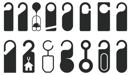 Door hanger silhouettes, sixteen diverse shapes including hooks, cutouts, rectangular and curved designs, vector illustration for signage and decoration.