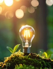 A glowing LED light bulb rests on vibrant green moss next to a young seedling, symbolizing sustainable energy and growth in nature.