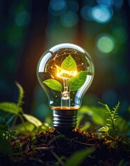A glowing light bulb filled with vibrant green leaves symbolizes renewable energy in a natural setting.