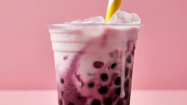 Delicious bubble milk tea with tapioca pearls on pink background