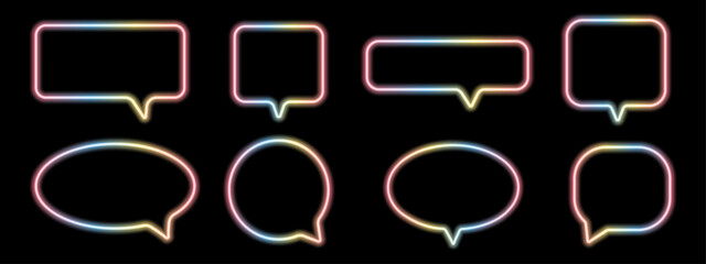 Neon gradient rainbow speech bubble for chat and talk. Glowing light balloon for text messages and digital communication design.
