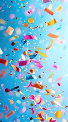 Vibrant confetti raining down against a bright blue background with soft bokeh effects.