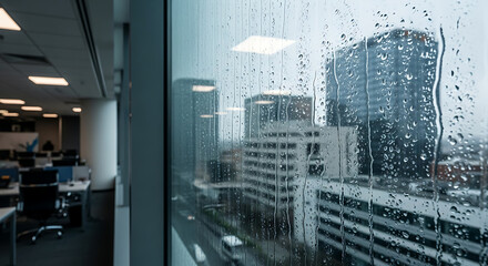 View from office window on city buildings through glass covered with rain drops. Rainy day in urban skyscraper and corporate workspace. Modern photography style.