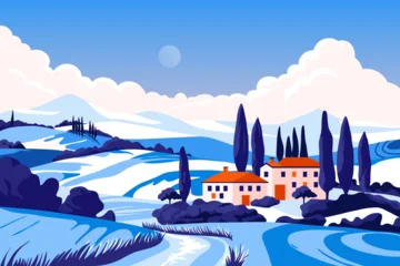Fotobehang Boerderij Italian fields winter landscape. Cartoon countryside panorama with Tuscany hills and village houses, rural valley with trees and snowy mountains. Vector illustration  © Yelyzaveta