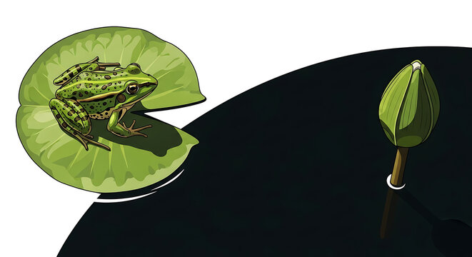 Green spotted frog sitting on a lily pad next to a closed lotus bud in dark water. Pond wildlife and nature harmony. Modern vector illustration style.