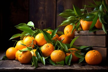 Freshly picked oranges with green leaves and water droplets arranged on a vintage wooden surface and crate