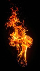 Vibrant orange fire flame dancing intensely against a stark black background.
