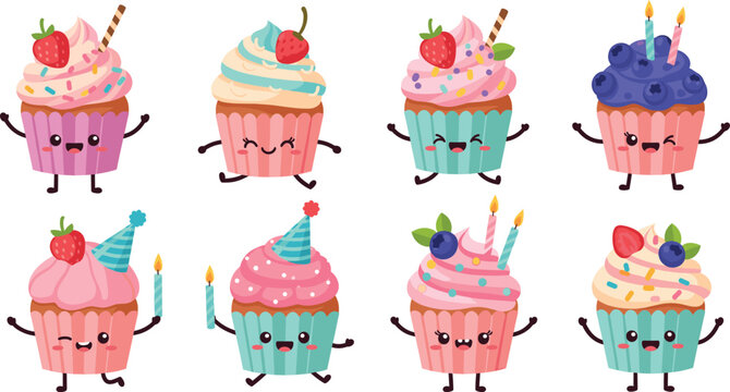 Set of cute cartoon cupcakes with faces, candles and fruit toppings isolated on white background, sweet dessert vector illustration