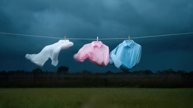 Three colorful shirts hanging on a clothesline against a dramatic stormy sky.