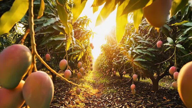 Lush Mango Orchard Bathed in Golden Sunset Light Rows of Ripe Mangoes Hang Heavy on Branches Under a Warm Gentle Sun with Lens Flare and Sunbeams Illuminating the Tropical Grove Floor