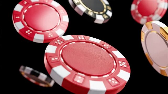 A dynamic depiction of floating casino chips against a black background representing gambling excitement.