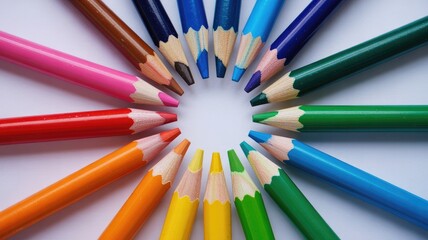 Naklejka premium A vibrant circle of sharpened colored pencils arranged in a rainbow spectrum on a white background.