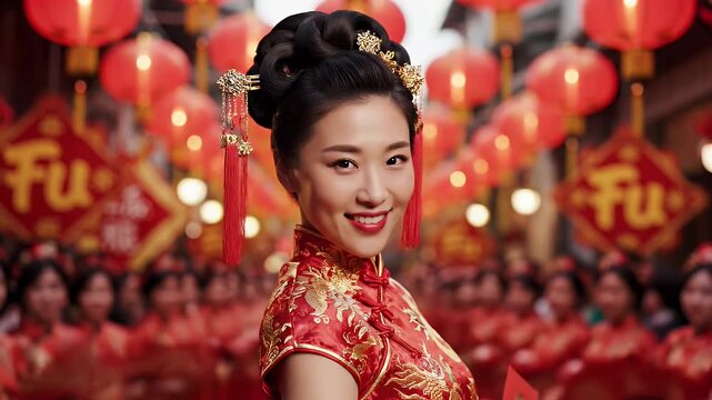Chinese New Year Celebration - A smiling Asian woman in a traditional red dress poses in front of a crowd of people. Red lanterns and festive decorations add to the celebratory atmosphere.