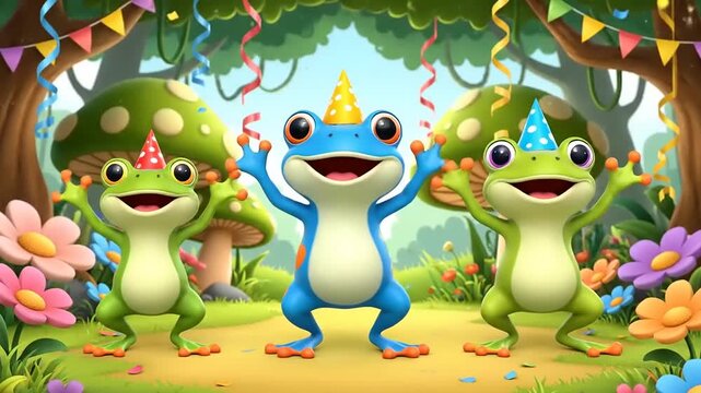 Three happy cartoon frogs wearing colorful party hats celebrate cheerfully amidst a vibrant, whimsical forest with blooming flowers and festive decorations