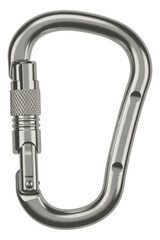 Silver carabiner with textured grip and screw lock isolated on a transparent background
