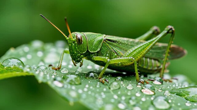 Green grasshopper with water drops on leaf, macro shot, natural background