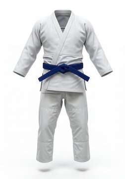 Traditional White Judo or Jiu-Jitsu Uniform with Blue Belt, Front View of Martial Arts Keikogi for Sports Apparel Product Presentation