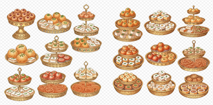 Collection of traditional Indian sweets and desserts, watercolor illustration on transparent background, set of various delicious treats.