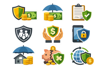 Financial protection icons with shields, umbrella, money, and documents