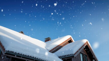 Fototapeta premium A beautiful winter scene with a snow-covered house roof under a clear blue sky and falling snowflakes.