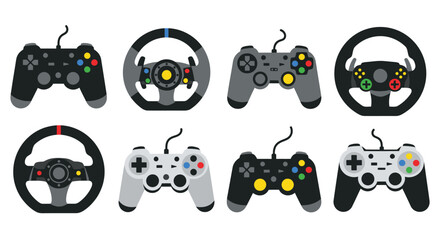 Collection of gaming controllers and racing wheels in a flat design © vector desgins 