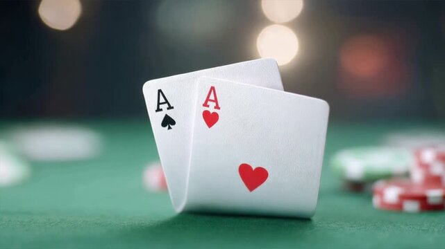 Close-up of two aces from a deck of playing cards on a green felt table, surrounded by poker chips.