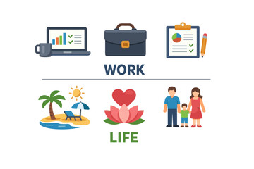 Work-life balance concept: laptop, briefcase, family, beach, heart, clipboard