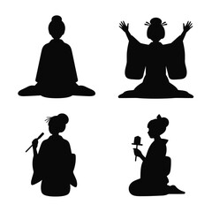 Four black silhouette figures in traditional Japanese attire