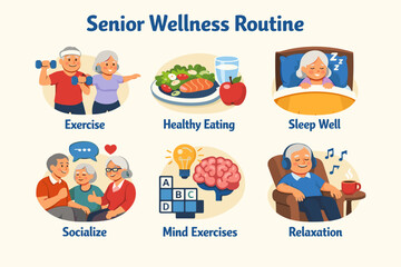 Senior wellness routine: exercise, healthy eating, sleep, socializing, mind activities, relaxation