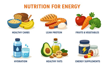 Nutrition for energy: healthy carbs, protein, fruits, fats, hydration, supplements