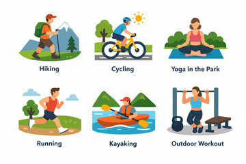 Outdoor activities: hiking, cycling, yoga, running, kayaking, workout