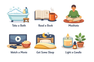 Self-care activities: bath, reading, meditation, movies, sleep, candle