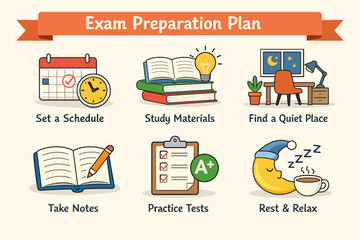 Exam preparation tips illustrated with study schedule, materials, quiet place, note taking, practice, rest
