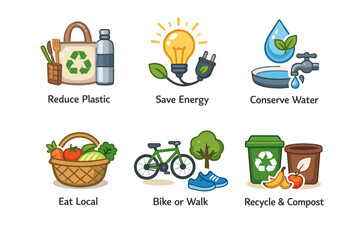 Eco-friendly habits: reduce plastic, save energy, conserve water, eat local, bike, recycle