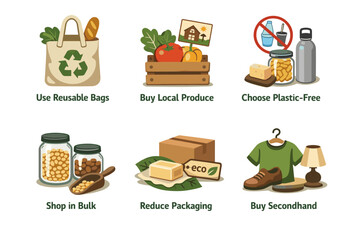 Eco-friendly practices: reusable bags, local produce, plastic-free, bulk shopping, sustainable packaging