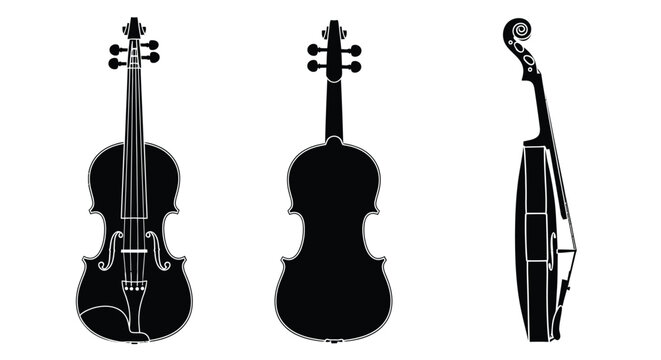 Silhouettes of violins front side and profile views in black and white