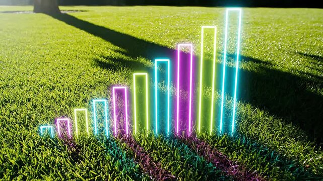 Growing neon bar chart on grass, financial growth concept, business success, rising graph
