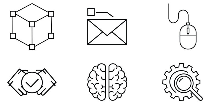 Digital Icons: A set of simple yet informative digital icons, artfully arranged to represent various concepts, including creativity, communication, and technological innovation.